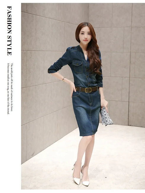 Slimming Women's Denim Dress Medium Length Short Sleeves Smooth Silhouette